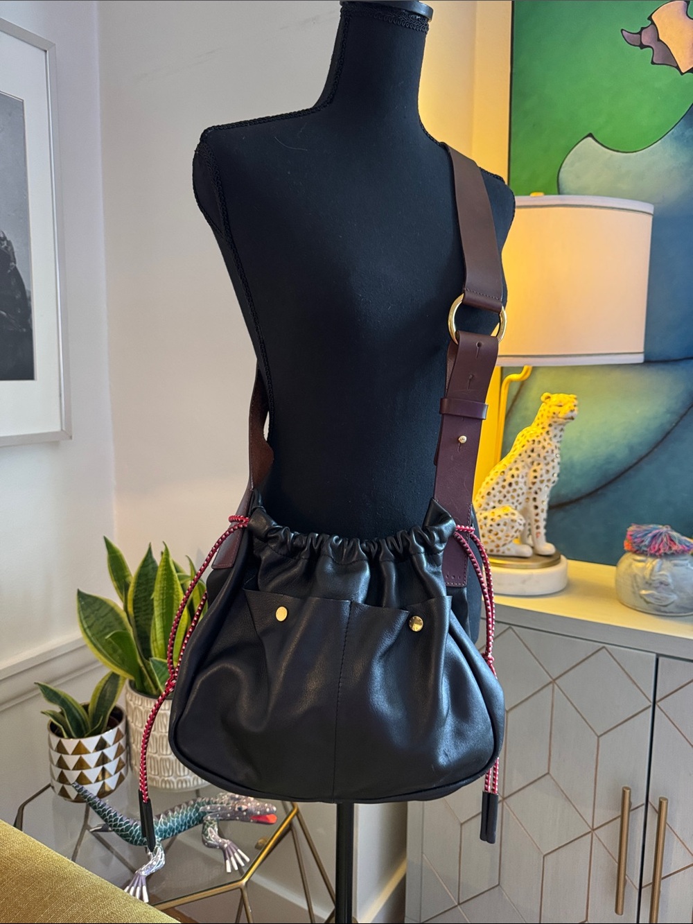 Marni Black Bandoleer Leather Bag with Brown Strap and Red Drawstrings